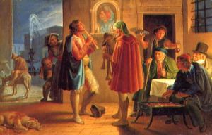 Die Maler Koch, Dräger und Führich lauschen den Pfifferari vor der Osteria Scozzese (Joseph Führich)