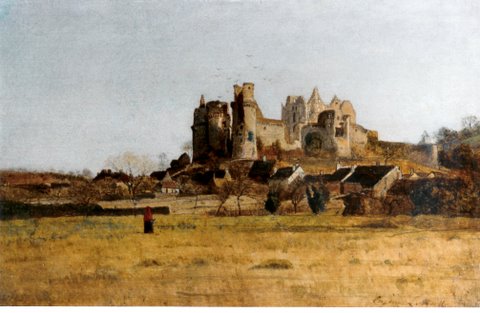 Eugène Lavieille (1822 – 1889), „Le château de Pierrefonds“, Öl/ Holz, 23 x 25 cm, signiert rechts unten