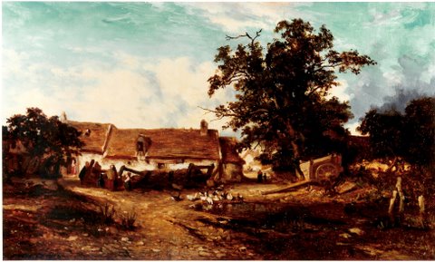 Jules Dupré „Bauerngehöft“ Öl auf Leinwand, 26 x 44 cm, signiert links unten, WVZ 102