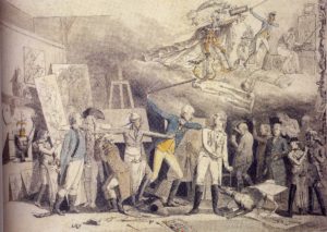 Karikatur auf die Kunstpraxis an der Hohen Carlsschule in Stuttgart, 1791, Feder in Schwarzgrau über Bleistift, aquarelliert, Stuttgart, Staatsgalerie, Graphische Sammlung