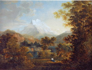 Gebirgslandschaft mit Trauernden am Ufer eines Sees, 1793, Aquarell und Deckfarben, Privatbesitz