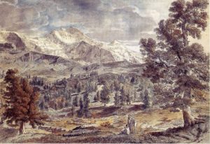 Blick auf die Jungfrau von der Bustiglenalp mit Maler und Hirten, 1792/94, Feder in Braun, aquarelliert, Mannheim, Städtische Kunsthalle
