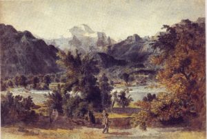 Aare Landschaft mit der Jungfrau und wanderndem Maler, 1792/94, Feder in Schwarz, aquarelliert, Bern, Kunstmuseum